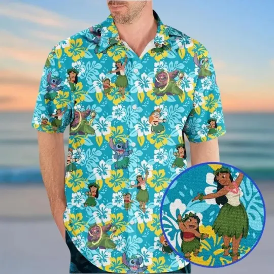 Discover Disney Lilo And Stitch Floral Yellow White Classic Summer Aloha Hawaiian Shirt
