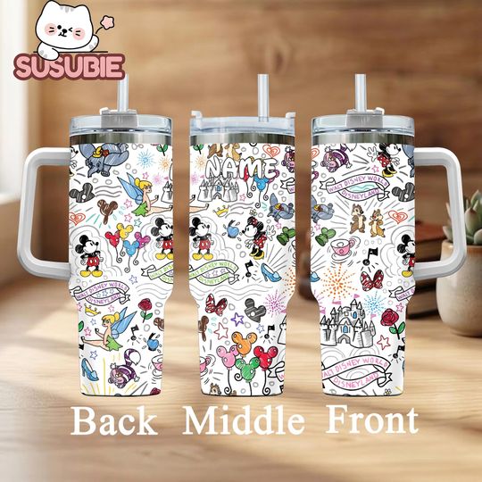 Discover Personalized Disney Doodle Tumbler 40oz With Handle, Custom Name Mickey Theme Travel Mug Gift