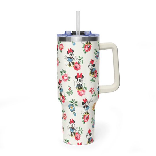Discover Minnie Mouse Vintage Floral 40oz Tumbler with Handle, Retro Minnie Mouse Roses Quencher, Disney Botanical Travel Mug, Gift for Disney Lovers