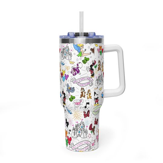 Discover Magical Park Sketchbook 40oz Tumbler with Handle - Insulated Stainless Steel Travel Mug for Theme Park Fans - Disney World Disneyland Gift