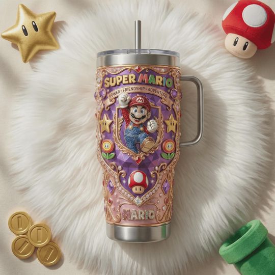 Super Mario 40oz Tumbler Power Friendship Adventure Coffee Travel Mug - Printed, No Embossed