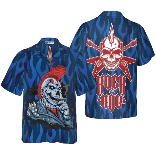 Discover Punk Rock Skull Electric Guitar Hawaiian Shirt, Blue Flame Pattern Skull Rocker