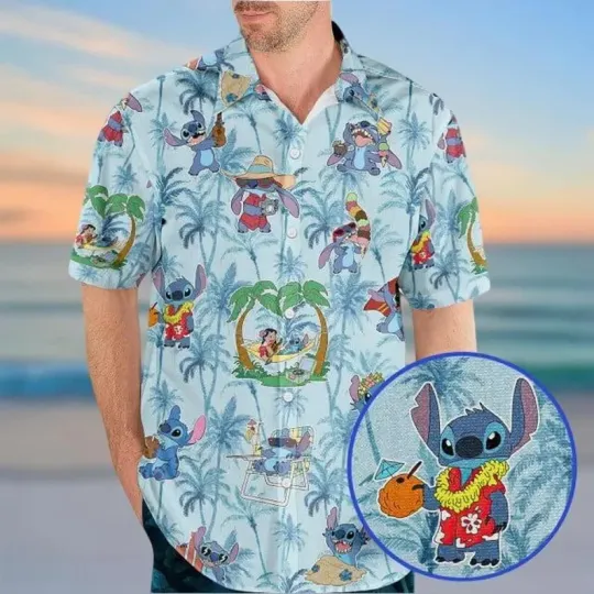 Discover Disney Lilo & Stitch Blue Palm Tree Disneyland Trip Summer Aloha Hawaiian Shirt
