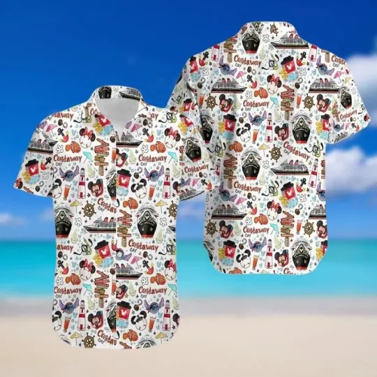 Discover Disney Cruise Mickey Minnie Stitch Finding Nemo Pirates White Hawaiian Shirt