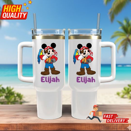 Discover Personalized Disney Pirate Mickey Mouse 40oz Tumbler with Handle and Straw - Custom Name Stainless Steel Insulated Cup