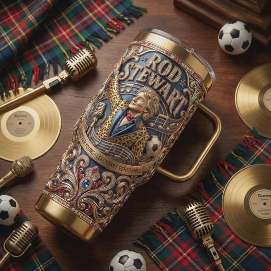 Discover PRINTED Rod Stewart 40oz Tumbler with Handle – Forever Young Music Fan Insulated Mug with Gold Leopard Print and Soccer Theme