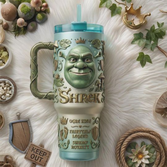 Discover PRINTED Shrek Fairytale Swamp Ogre King Insulated Travel Mug 40oz Tumbler With Handle Funny Cartoon Movie Engraved Iced Coffee Cup For Fans