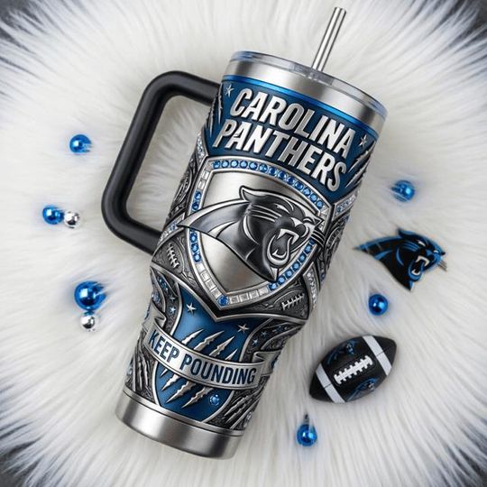 Discover PRINTED Carolina Panthers Stainless Steel Tumbler with Handle, Keep Pounding Football Fan Travel Mug, 40oz Sports Coffee Cup Gift