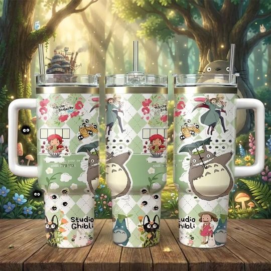 Studio Ghibli 40oz Tumbler with Handle | Totoro, Howl's Moving Castle & Ponyo Anime Insulated Travel Mug with Straw | Gift for Ghibli Fans