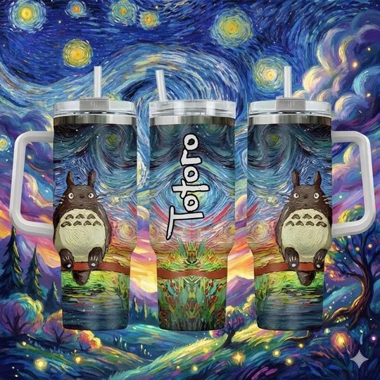 Studio Ghibli Totoro Starry Night 40oz Tumbler with Handle | Van Gogh Inspired Anime Travel Mug with Straw | Insulated Fan Gift