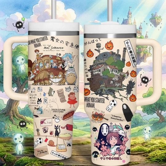 Studio Ghibli 40oz Tumbler with Handle, Totoro, Howl's Moving Castle & Spirited Away Anime Travel Mug with Straw, Cool Gift Idea