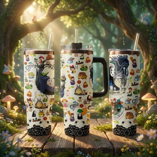 Studio Ghibli Inspired 40oz Tumbler with Handle & Straw | Totoro No Face Calcifer Anime Travel Mug | Insulated Stainless Steel Gift