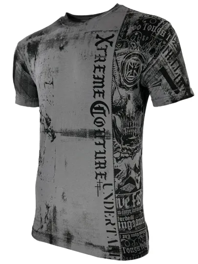 Xtreme Couture by Affliction Men's 3D Biker Skull Tattoo T-Shirt, Crew Neck