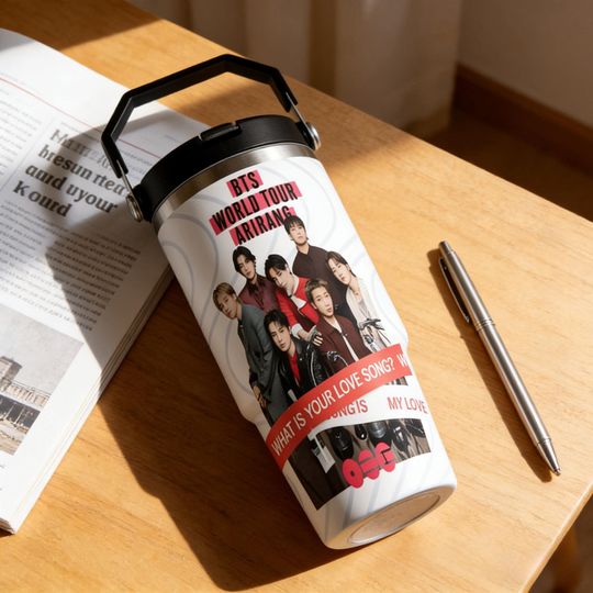 BTS World Tour 30oz Insulated Tumbler, Kpop Stainless Steel Cup with Handle
