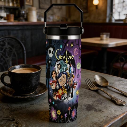Discover Coraline Gothic 30oz Insulated Tumbler, Spooky Kids Stainless Steel Cup with Handle