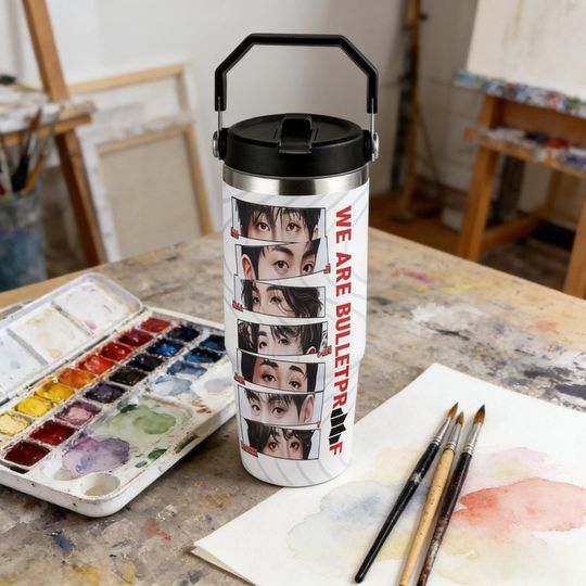 BTS Bulletproof 30oz Insulated Tumbler, Kpop Stainless Steel Cup with Handle