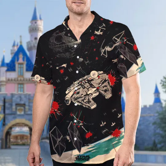 Discover Disney Star Wars Spaceship Tropical Galaxy Black Hawaiian Shirt