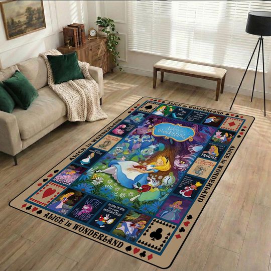 Discover Alice in Wonderland Non-Slip Area Rug, Vintage Cartoon Carpet, Alice in Wonderland Room Decor, Bedroom Rug for Cartoon Lovers