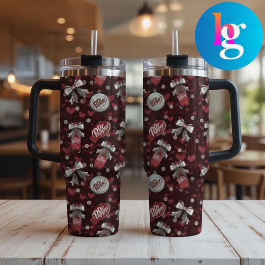 Discover Dr Pepper Inspired 40oz Tumbler With Handle & Straw, Soda Lover Gift, Red Heart Bow Pattern Stainless Steel Insulated Travel Mug