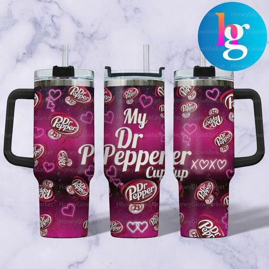 Discover My Dr Pepper Cup 40oz Tumbler With Handle, Pink Heart Soda Lover Tumbler, Cute Valentine Drink Cup, Insulated Travel Mug for Soda Fans