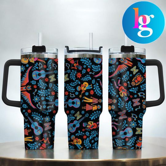 Coco Inspired 40oz Tumbler With Handle & Straw, Colorful Day of the Dead Guitar Pattern Insulated Stainless Steel Travel Mug