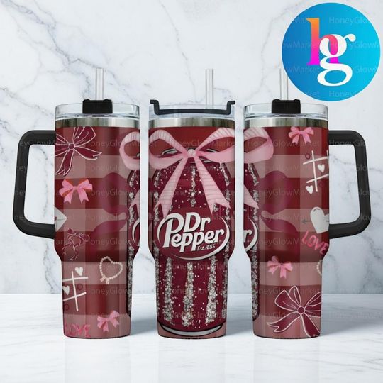 Dr Pepper Valentine 40oz Tumbler With Handle, Cute Pink Bow Heart Soda Lover Cup,  Aesthetic Insulated Travel Mug, Gift for Dr Pepper Fans