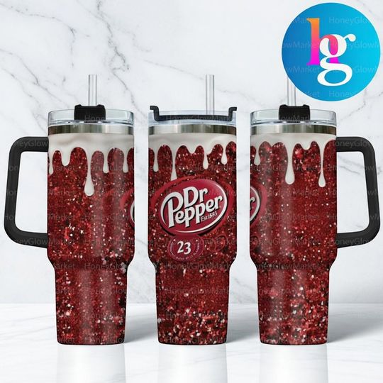 Dr Pepper Drip 40oz Tumbler With Handle, Red Sparkle Soda Lover Travel Mug, Insulated Stainless Steel Cup, Gift for Dr Pepper Fans