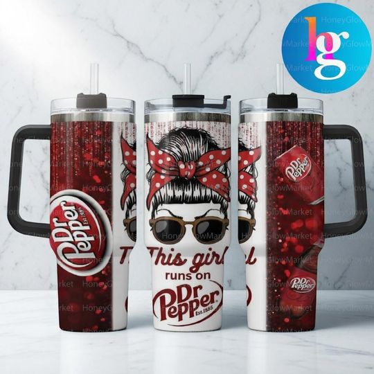 Discover This Girl Runs On Dr Pepper 40oz Tumbler With Handle, Funny Soda Lover Girl Insulated Travel Mug,  Dr Pepper Cup, Gift for Dr Pepper Fans