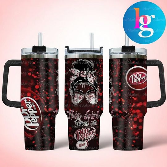 Discover This Girl Runs On Diet Dr Pepper 40oz Tumbler With Handle, Soda Insulated Travel Mug, Red Dr Pepper Cup, Gift for Dr Pepper Fans