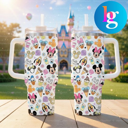 Discover Cute Mickey Mouse & Minnie Mouse Cartoon Pattern 40oz Tumbler With Handle, Theme Park Characters Stainless Steel Travel Mug, Cute Cup