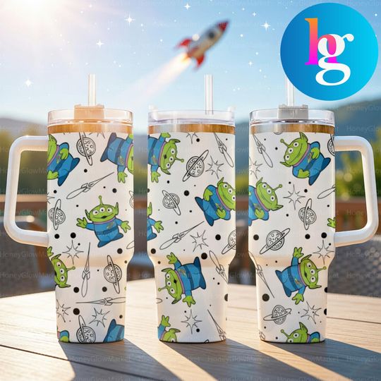 Discover Cute Space Alien Cartoon 40oz Tumbler With Handle, Green Alien Galaxy Travel Mug, Outer Space Character Stainless Steel Cup, Sci-Fi Gift
