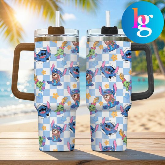 Cute Blue Alien Cartoon 40oz Tumbler With Handle, Tropical Beach Character Stainless Steel Travel Mug, Cartoon Pattern Insulated Cup Gift
