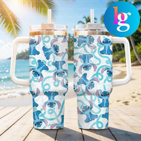 Discover Cute Stitch Cartoon 40oz Tumbler With Handle, Disney Inspired Stitch Stainless Steel Travel Mug, Beach Summer Stitch Insulated Cup Gift