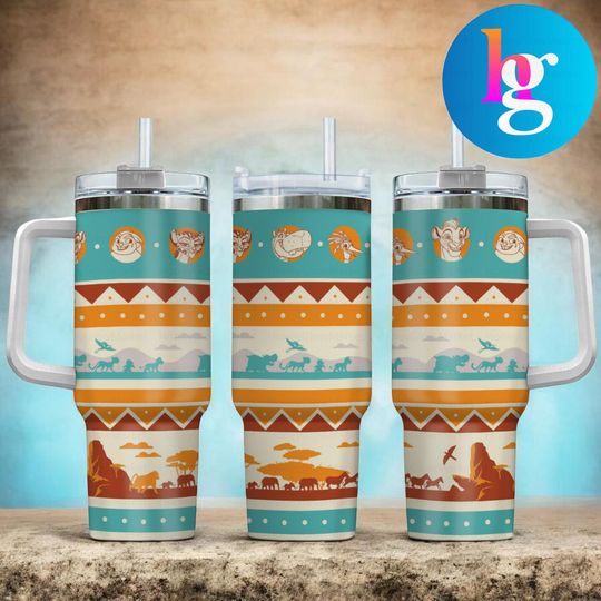 Discover Lion King Inspired Safari 40oz Tumbler With Handle, Cartoon Animal Stainless Steel Travel Mug, Cute Jungle Movie Fan Gift Cup