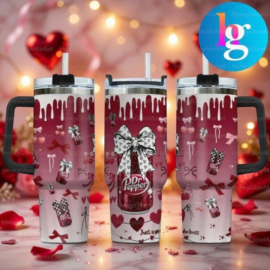 Discover Dr Pepper Inspired 40oz Tumbler With Handle, Cute Soda Lover Travel Mug, Bow Heart Aesthetic Stainless Steel Cup, Gift For Soda Fans