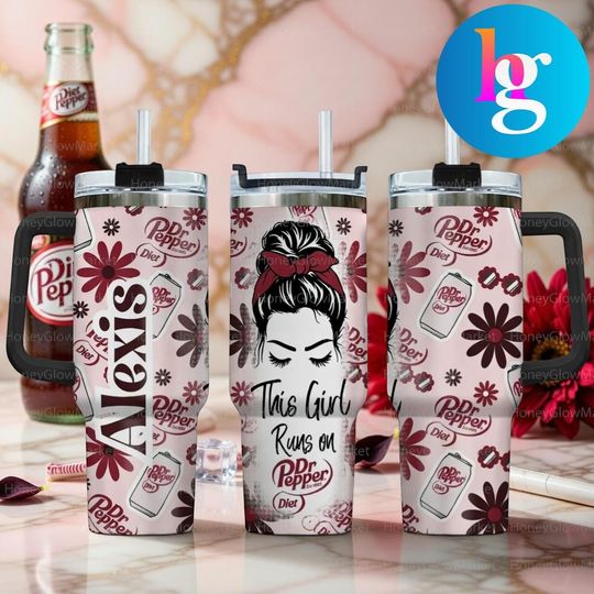 Discover Diet Dr Pepper 40oz Tumbler With Handle, This Girl Runs On Diet Dr Pepper Cup, Soda Lover Insulated Travel Mug Gift For Her