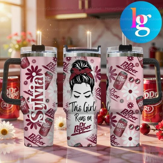 Personalized Dr Pepper 40oz Tumbler With Handle, This Girl Runs On Dr Pepper Cup, Soda Lover Insulated Travel Mug Gift For Her