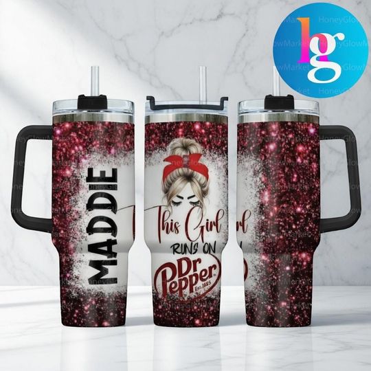Personalized Dr Pepper Girl 40oz Tumbler With Handle, This Girl Runs On Dr Pepper Custom Name Tumbler, Soda Lover Gift