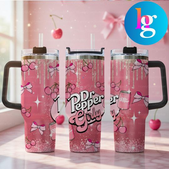 Discover Dr Pepper Girly 40oz Tumbler With Handle, Pink Cherry Bow Soda Cup, Cute Insulated Travel Mug Aesthetic Gift For Her, Trendy Cute Design