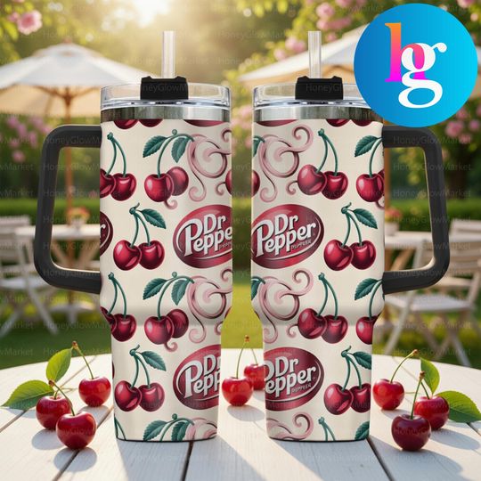 Discover Cherry Soda Inspired 40oz Tumbler with Handle and Straw Vintage Drink Pattern Insulated Travel Mug Cute Retro Beverage Cup