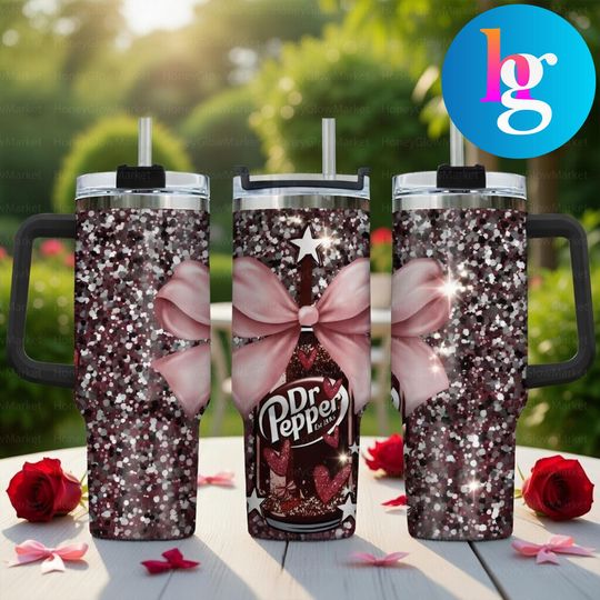 Discover 40oz Dr Pepper Tumbler With Handle, Pink Bow & Hearts Design, Insulated Travel Mug With Straw, Gift For Her Cute Cup
