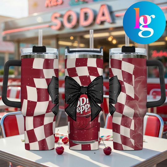 Discover 40oz Dr Pepper Tumbler With Handle, Red Checkerboard Pattern & Black Bow Design, Insulated Travel Mug With Straw, Stylish Gift Cup
