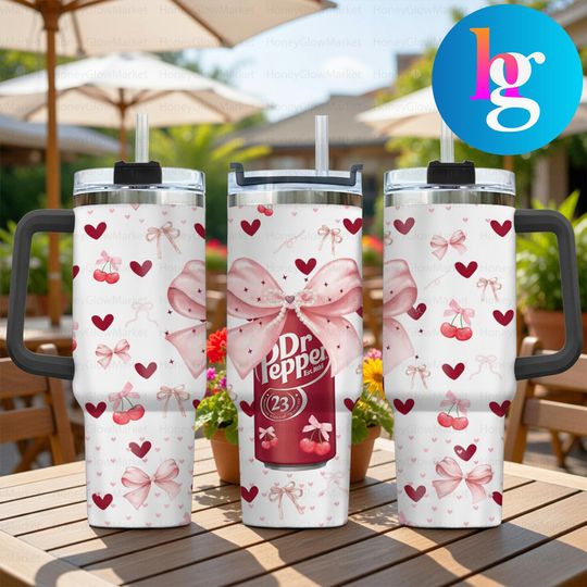40oz Dr Pepper Tumbler With Handle, Pink Bow, Cherry & Heart Pattern Design, Insulated Travel Mug With Straw, Cute Aesthetic Gift Cup