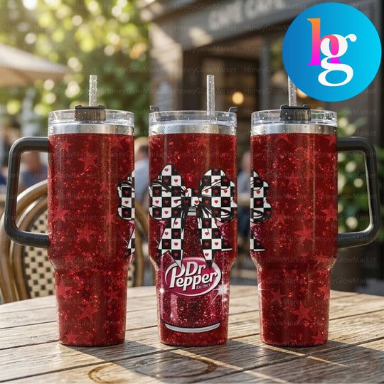 40oz Dr Pepper Tumbler With Handle, Red Starry Background & Checkered Bow Design, Insulated Travel Mug With Straw, Gift Cup
