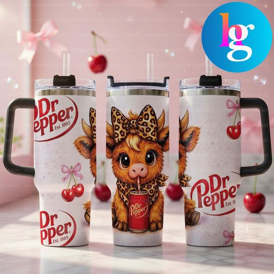 Dr Pepper Cow 40oz Tumbler With Handle, Cute Highland Cow Cherry Bow Cup, Soda Lover Insulated Travel Mug Gift For Her