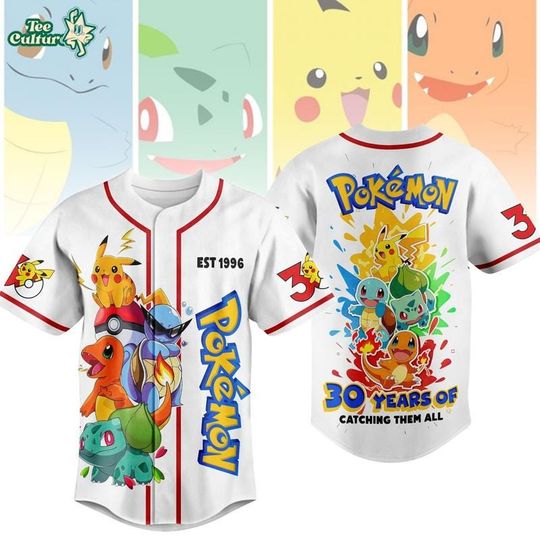 PKM 30th Anniversary Baseball Jersey Shirt, 1996 PKM Baseball Jersey, 30 Year Baseball Team Matching, Pika Charmander Squirtle