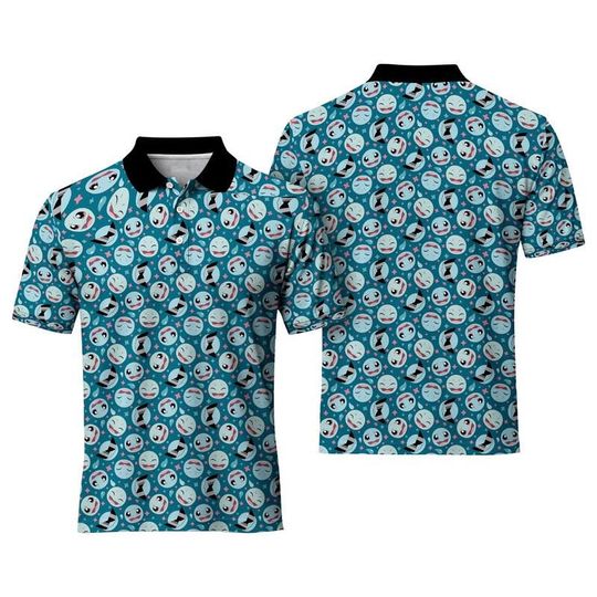 Squirtle PKM Polo Shirt, Cute Squirtle Face Pattern Polo, Anime PKM Polo Shirt, Summer Beach PKM Shirt, Unisex PKM Fan Gift
