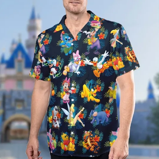 Disney Stitch Donald Duck Tropical Summer Dark Green Hawaiian Shirt