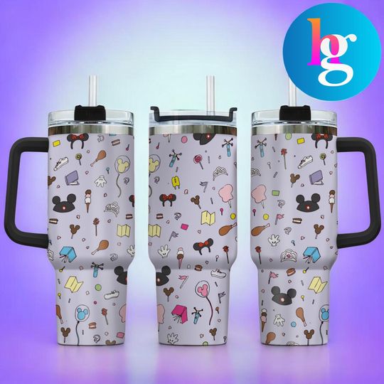 Discover Cute Theme Park Icons 40oz Tumbler With Handle and Straw, Cartoon Pattern Insulated Stainless Steel Travel Mug, Gift for Lovers & Kids