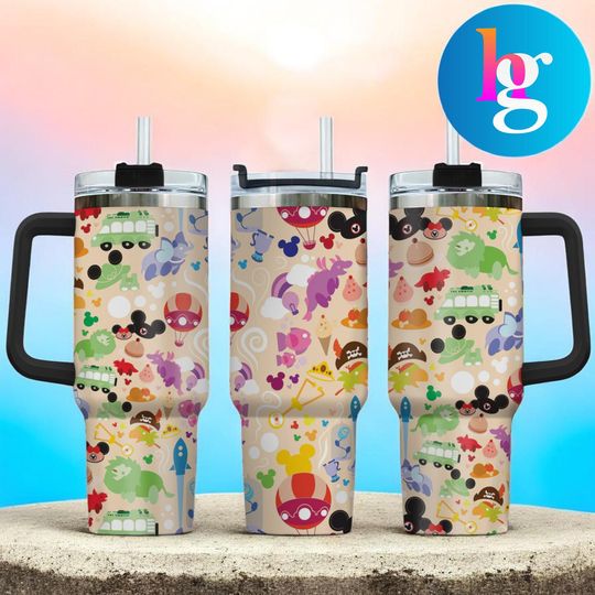 Cute Theme Park Character 40oz Tumbler With Handle, Colorful Cartoon Pattern Insulated Stainless Steel Travel Mug, Cup Gift